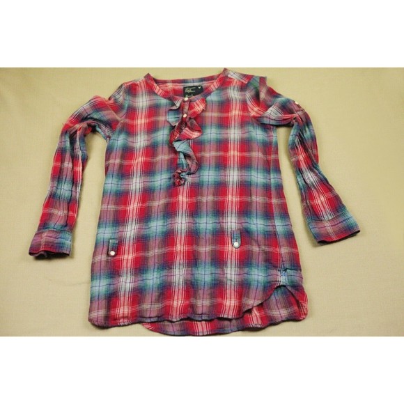 American Eagle AEO Womens Sz 10 Ruched Front Tunic Blouse Long Sleeve Plaid - Picture 6 of 12